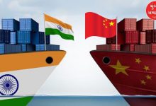 Cargo ship with Indian and Chinese flags representing bilateral trade growth.