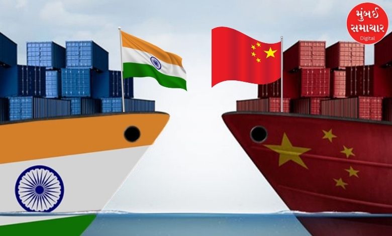 Cargo ship with Indian and Chinese flags representing bilateral trade growth.