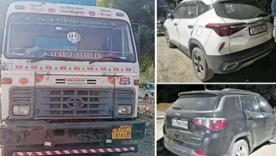 Seized container trailer filled with smuggled betel nut bags at Bhachau police station.