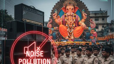 loudspeakers and police barricades representing noise pollution regulation.