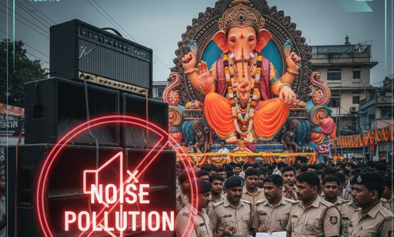 loudspeakers and police barricades representing noise pollution regulation.