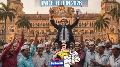A group of Mumbai Dabbawalas celebrating and distributing sweets after the election result.