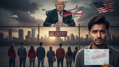 An international student holding a passport at an airport terminal looking concerned.