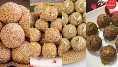 શિયાળાના વિવિધ પૌષ્ટિક લાડુ જેમ કે મેથી, તલ અને ગુંદરના લાડુની આકર્ષક પ્લેટ.