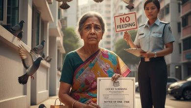 Singapore indian origin woman fine Feeding Pigeons