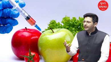 સંસદમાં ભાષણ આપતા રાઘવ ચઢ્ઢા અને ખાદ્ય પદાર્થોમાં ભેળસેળના જોખમો દર્શાવતું ગ્રાફિક.