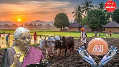 બજેટ 2026 કૃષિ જાહેરાત અને ભારત વિસ્તાર એઆઈ ટૂલનો ઉપયોગ કરતો ખેડૂત.