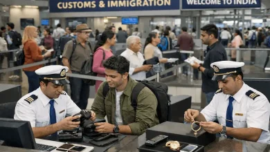 ભારતીય એરપોર્ટ પર કસ્ટમ્સ ડ્યુટી અને સામાનની તપાસ કરતા અધિકારીઓ.