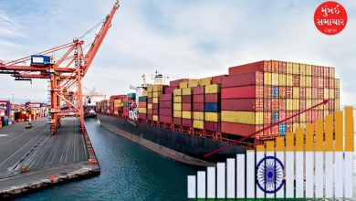 ભારતની નિકાસ અને આંતરરાષ્ટ્રીય વેપાર વૃદ્ધિ દર્શાવતો ગ્રાફ અથવા કન્ટેનર પોર્ટનું દ્રશ્ય.