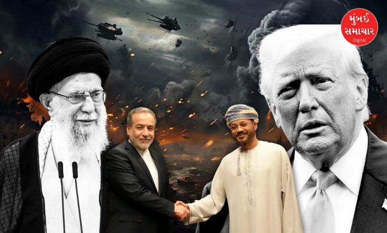 ઓમાનમાં ઈરાન અને અમેરિકાના પ્રતિનિધિઓ વચ્ચેની મધ્યસ્થતા અને રાજદ્વારી બેઠકનું પ્રતિકાત્મક દ્રશ્ય.