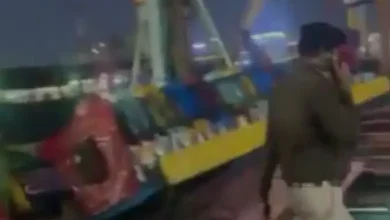 સૂરજકુંડ મેળામાં તૂટી પડેલો ઝૂલો અને ઘટનાસ્થળે ભેગી થયેલી ભીડના દ્રશ્યો.