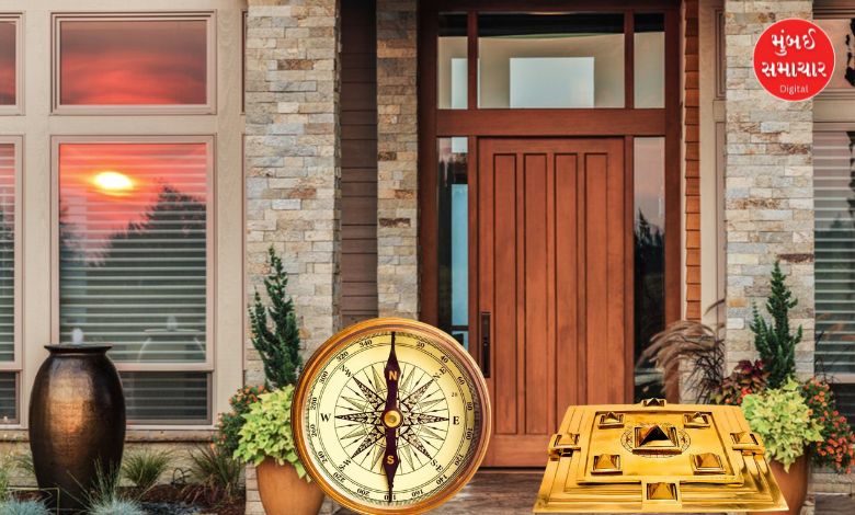 ઘરના મુખ્ય પ્રવેશદ્વાર પર દીવો પ્રગટાવતી મહિલા અને સજાવેલો ઉંબરો.