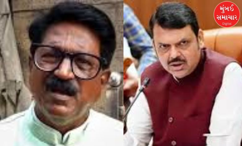 Split screen showing Arvind Sawant and Devendra Fadnavis during their respective press conferences
