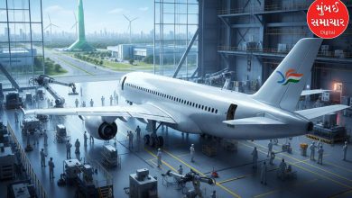 Digital rendering of a modern 100-seater passenger aircraft in a high-tech manufacturing facility in Dholera.