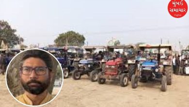Hundreds of tractors with saffron and green flags during a farmers' rally in Morbi led by Jignesh Mevani