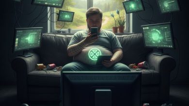 A person sitting on a couch using multiple screens like a smartphone and TV, representing a sedentary lifestyle.